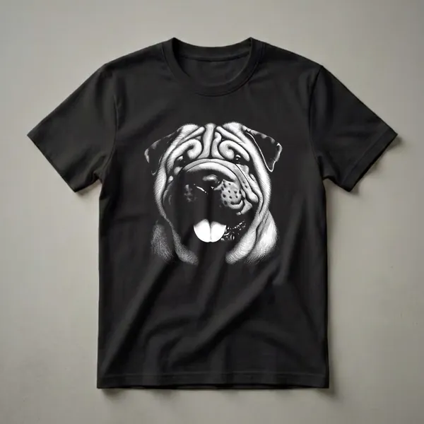 Black and white scratchboard art t-shirt featuring the face of a Shar Pei dog with its tongue slightly out, set against a black background.