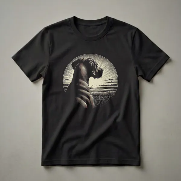Black t-shirt featuring a vintage circular graphic of a Rhodesian Ridgeback dog in profile, looking towards a sunset over a grassy field with radiating lines.