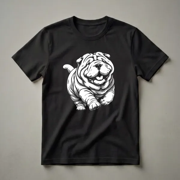 White line art illustration of a happy Shar Pei dog running forward on a black background, showcasing its wrinkles and paws.