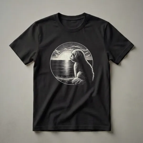 Black and white graphic t-shirt featuring a vintage woodcut illustration of a Lhasa Apso dog sitting by the water, looking at a sunset.