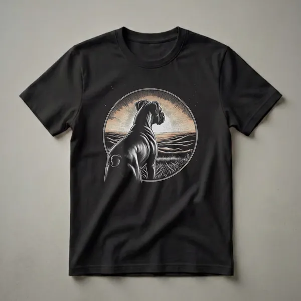 Black Boxer dog silhouette facing a vintage sunset over rolling hills, set against a starry night sky, printed on a black t-shirt.