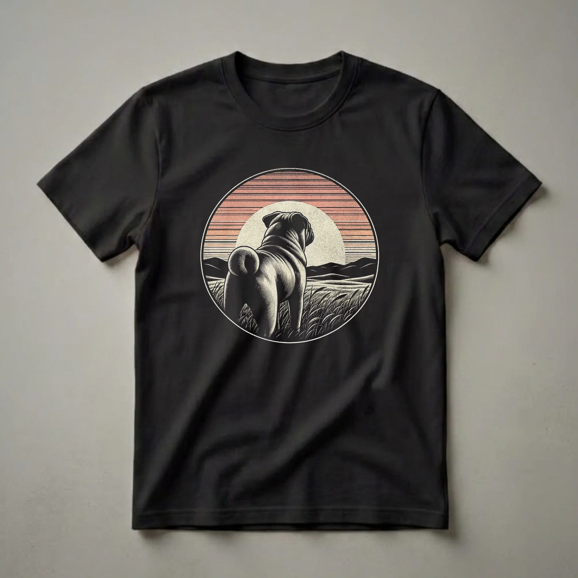Black graphic t-shirt featuring a pug standing in a grassy field looking at a retro sunset with orange and cream stripes and rolling hills.