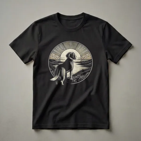 Black graphic t-shirt featuring a vintage-style illustration of a Beagle dog looking at a retro sunset over a lake, with radiating sun and stylized clouds.