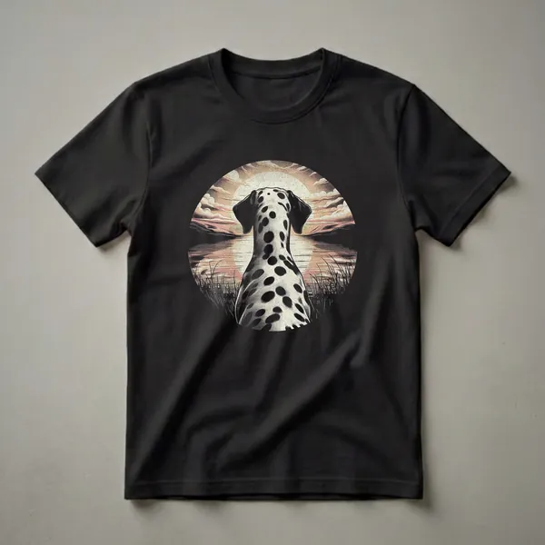 Black and white Dalmatian dog facing a vintage sunset scene with clouds and water, rendered in an etched style, on a black t-shirt.