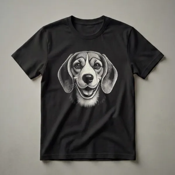 Black and white scratchboard art t-shirt featuring the face of a smiling Beagle dog with floppy ears and expressive eyes.