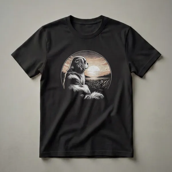 Black t-shirt featuring a vintage-style graphic of a Cavalier King Charles Spaniel sitting in a field, looking at a sunset over a lake with pine trees in the background.