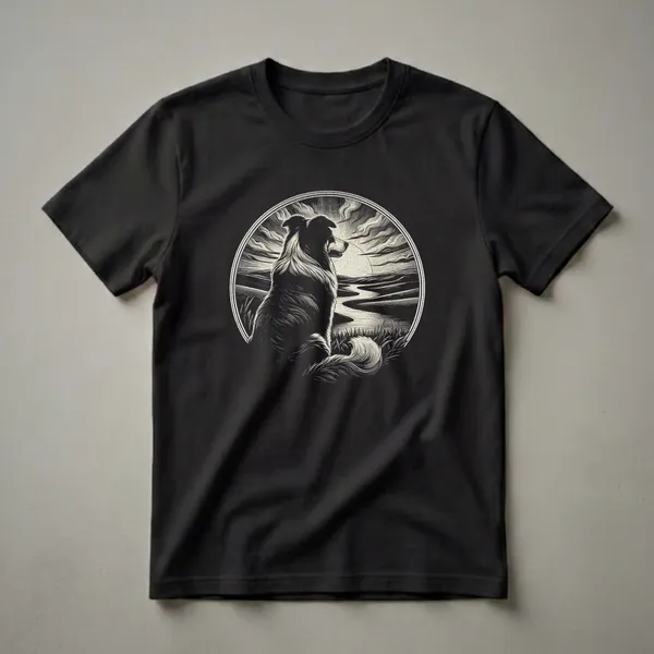 Black and white graphic t-shirt featuring a vintage illustration of an Australian Shepherd dog sitting and looking at a retro sunset over a landscape.