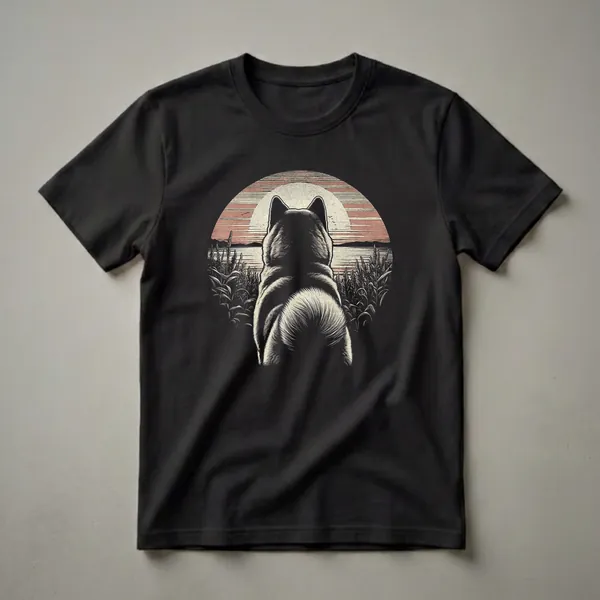 Black graphic t-shirt featuring a vintage illustration of an Akita dog facing away, set against a retro sunset with a lake, reeds, and distant mountains.
