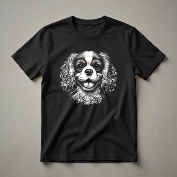 Black and white line art t-shirt featuring the face of a Cavalier King Charles Spaniel with brown accents on its ears and eyes, set against a black background.