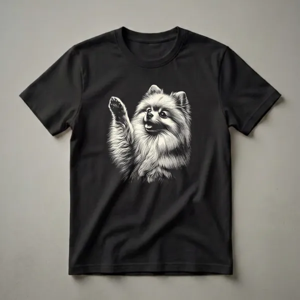 A vintage-style graphic t-shirt featuring a cream-colored Pomeranian dog with its paw raised, depicted in a detailed linework illustration against a black background.