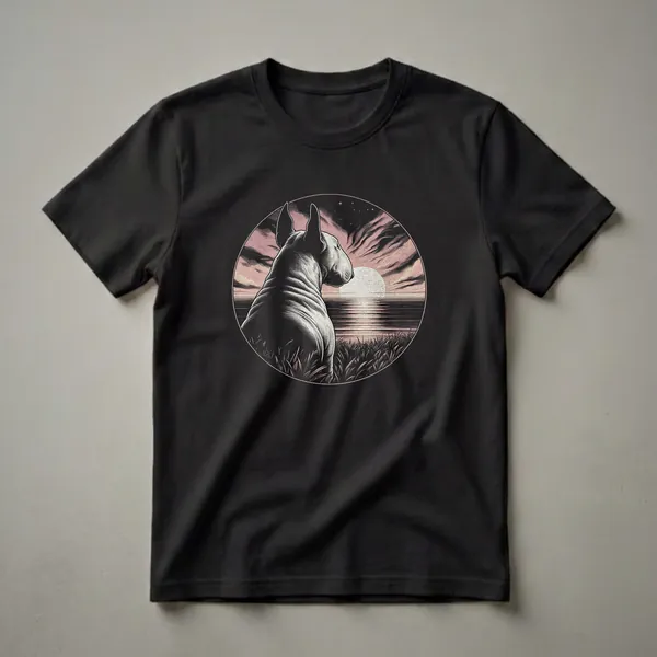 Black t-shirt featuring a vintage-style graphic of a Bull Terrier dog looking at a retro sunset over water, with grass in the foreground and stars in the sky.