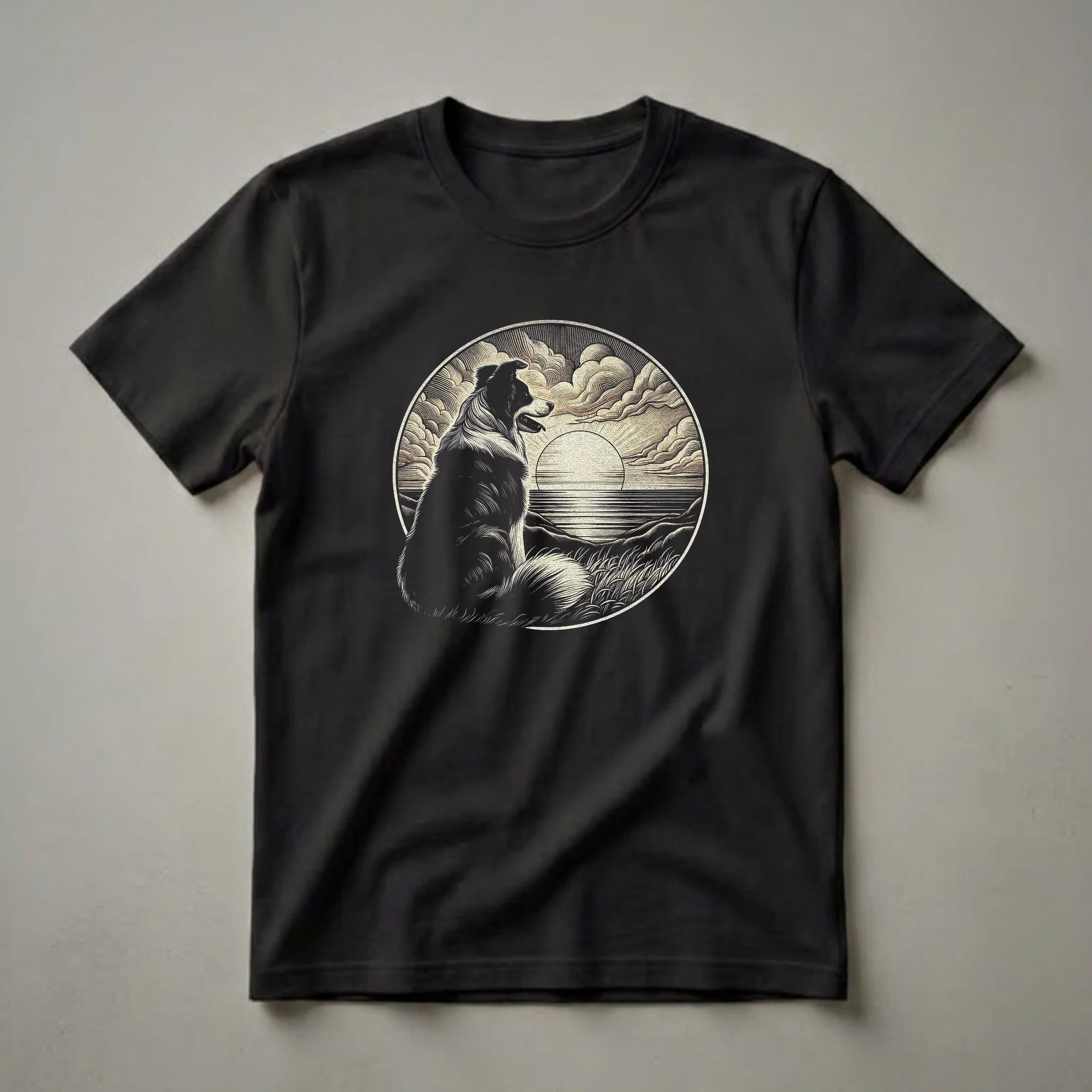 Black and cream graphic t-shirt featuring a vintage illustration of a Border Collie dog sitting and looking at a sunset over water, with stylized clouds and landscape.