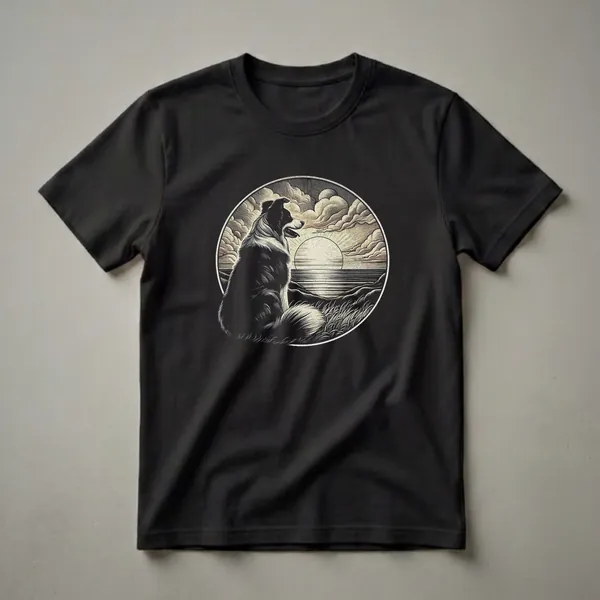 Black and cream graphic t-shirt featuring a vintage illustration of a Border Collie dog sitting and looking at a sunset over water, with stylized clouds and landscape.