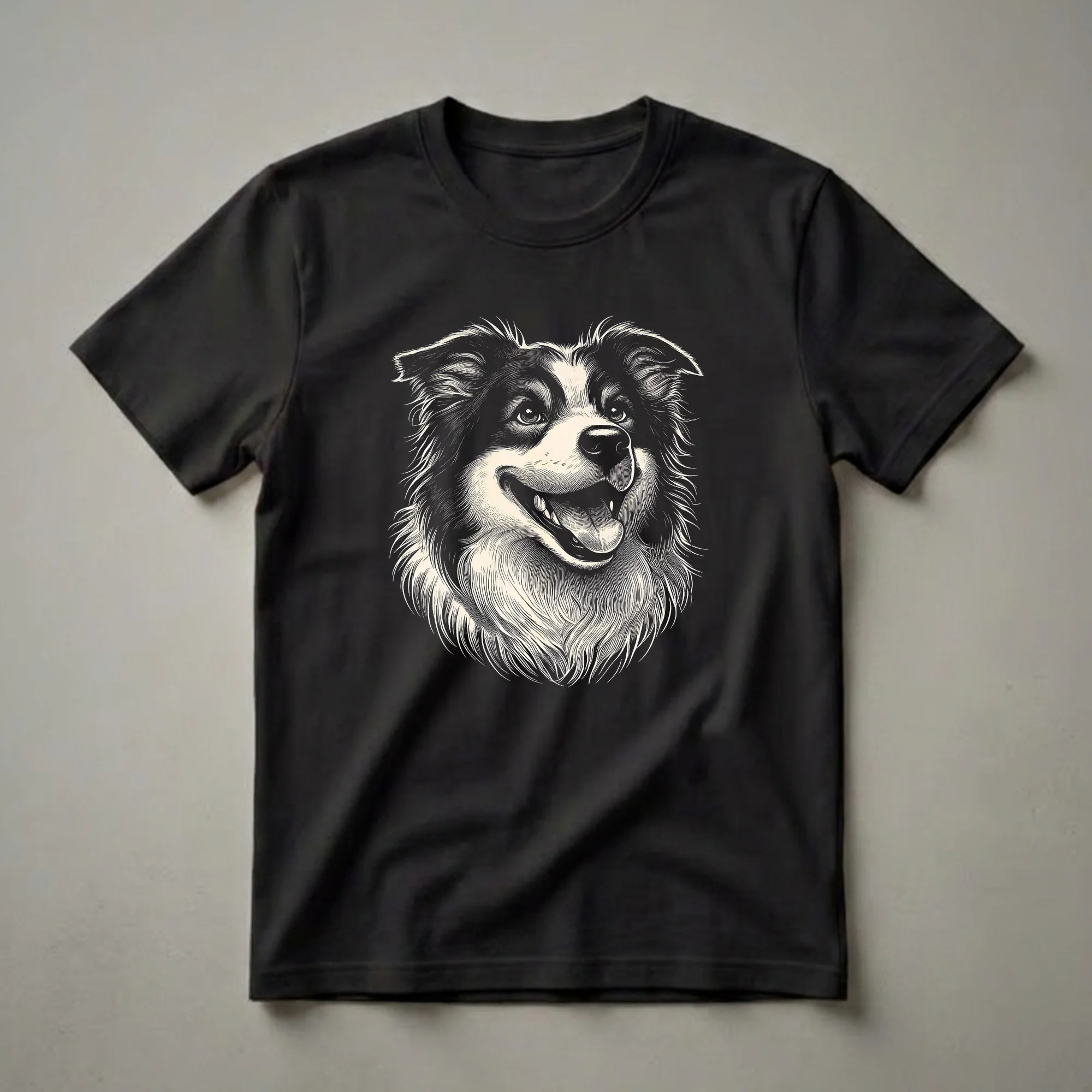 Black and cream scratchboard art illustration of a Border Collie dog's face, featuring detailed fur texture and an alert expression, on a black t-shirt.