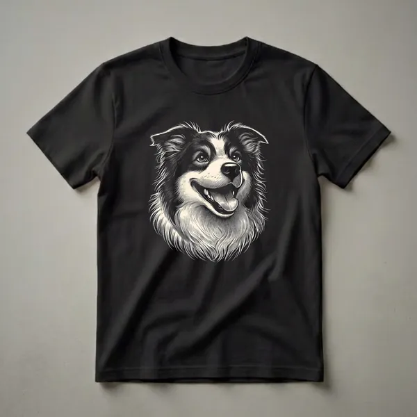 Black and cream scratchboard art illustration of a Border Collie dog's face, featuring detailed fur texture and an alert expression, on a black t-shirt.