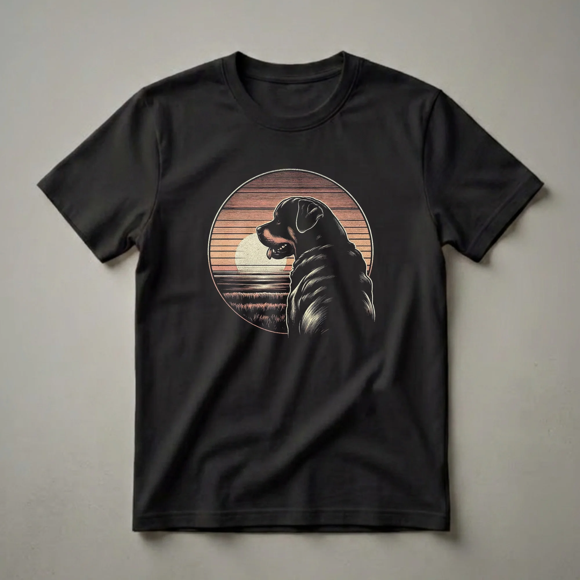 Black Rottweiler dog in profile against a circular retro sunset scene with orange and yellow stripes and a textured background, on a black t-shirt.