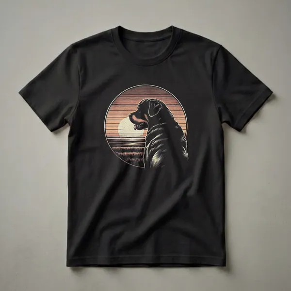 Black Rottweiler dog in profile against a circular retro sunset scene with orange and yellow stripes and a textured background, on a black t-shirt.