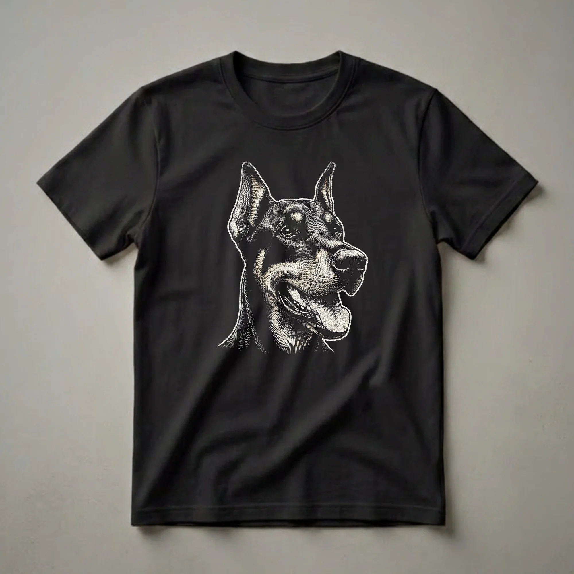 A graphic t-shirt featuring a detailed line art illustration of a Doberman Pinscher's head, rendered in black and white with a textured fill, against a black background.