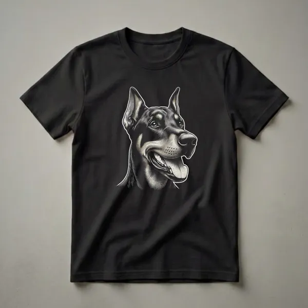 A graphic t-shirt featuring a detailed line art illustration of a Doberman Pinscher's head, rendered in black and white with a textured fill, against a black background.