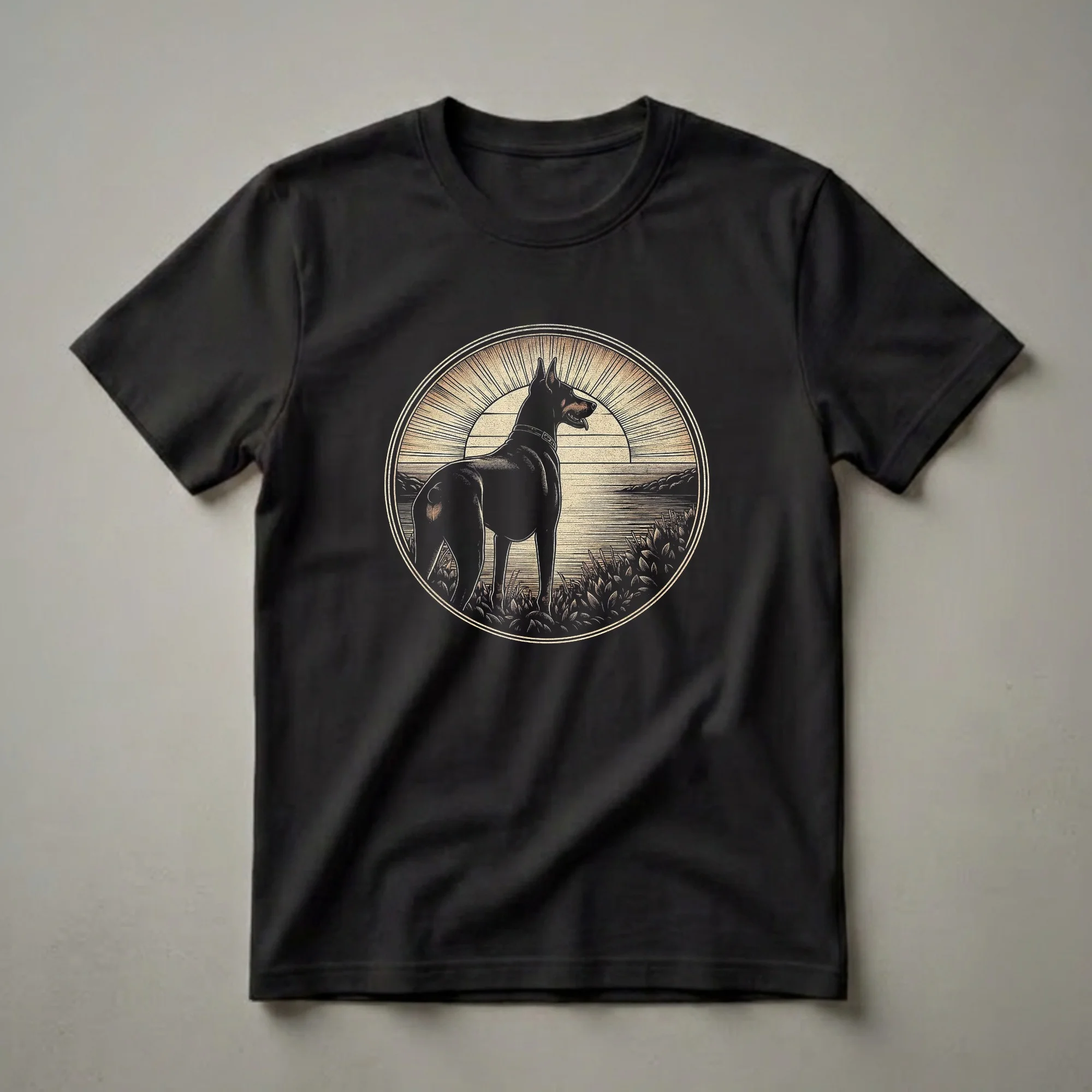 Black Doberman dog standing in grass looking at a retro sunset design within a circular frame, on a black t-shirt.