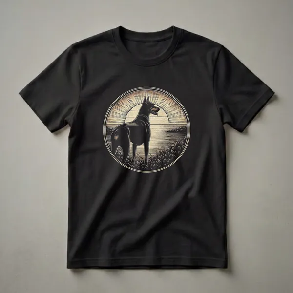 Black Doberman dog standing in grass looking at a retro sunset design within a circular frame, on a black t-shirt.