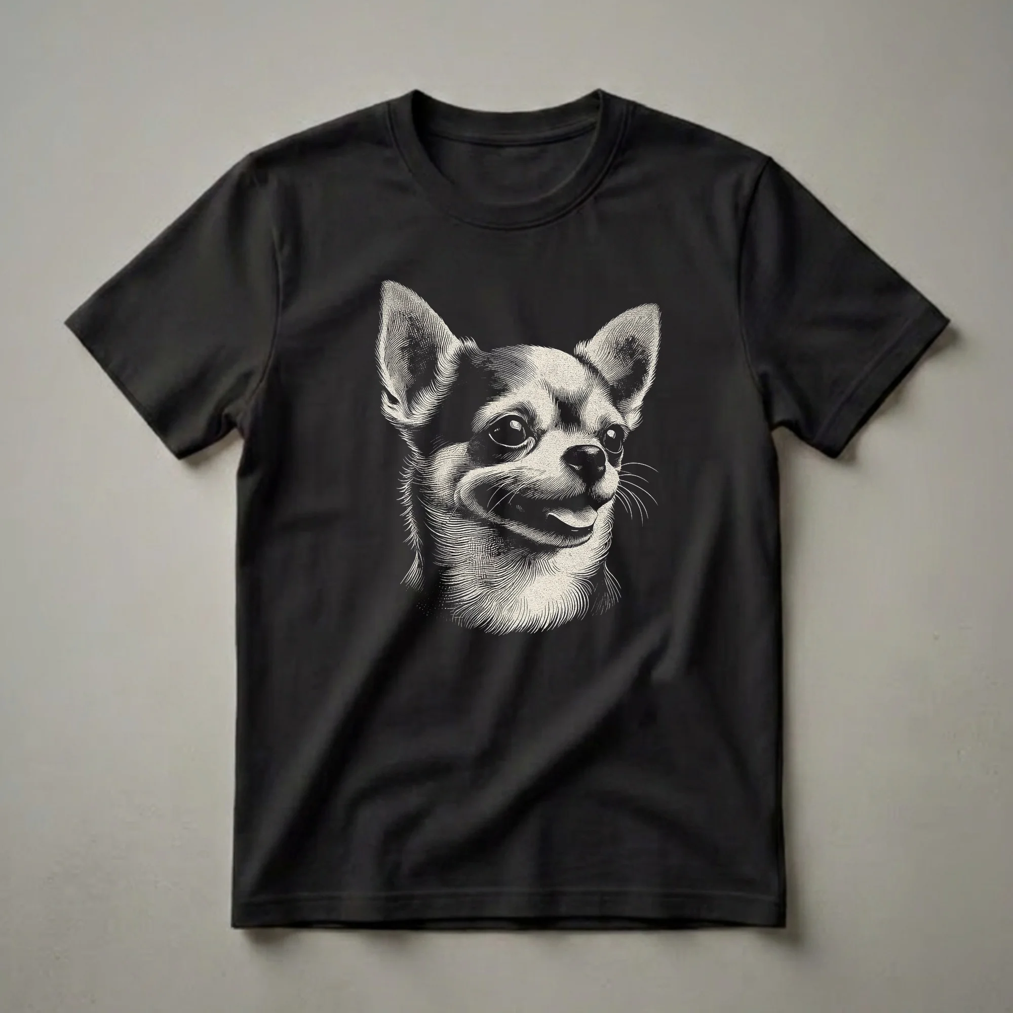 Black and white scratchboard art t-shirt featuring the head of a Chihuahua dog with large ears and a tongue slightly sticking out, set against a black background.
