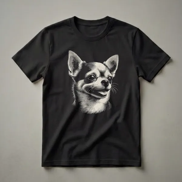 Black and white scratchboard art t-shirt featuring the head of a Chihuahua dog with large ears and a tongue slightly sticking out, set against a black background.