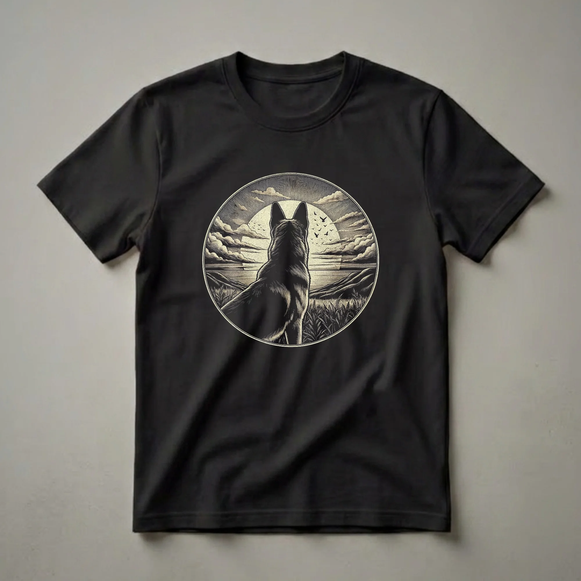 Black German Shepherd dog silhouette facing a vintage circular sunset landscape with clouds and birds, printed on a black t-shirt.