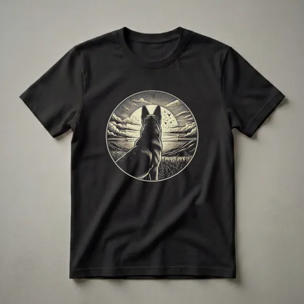 Black German Shepherd dog silhouette facing a vintage circular sunset landscape with clouds and birds, printed on a black t-shirt.