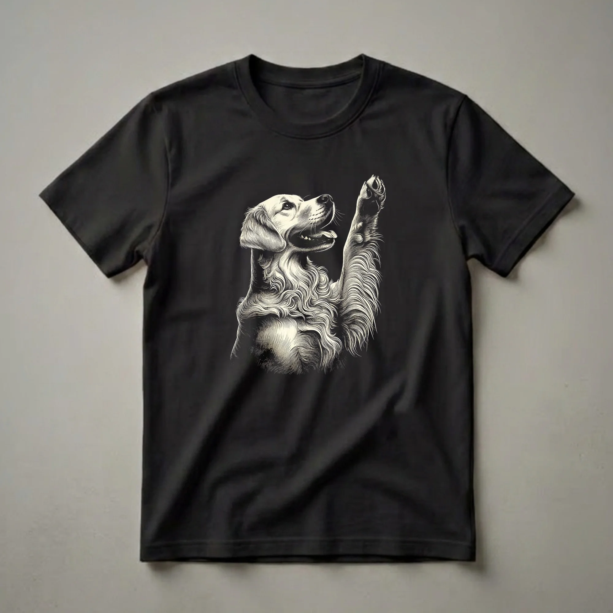 Black t-shirt featuring a detailed line art illustration of a Golden Retriever dog with its head up and front right paw raised, against a black background.