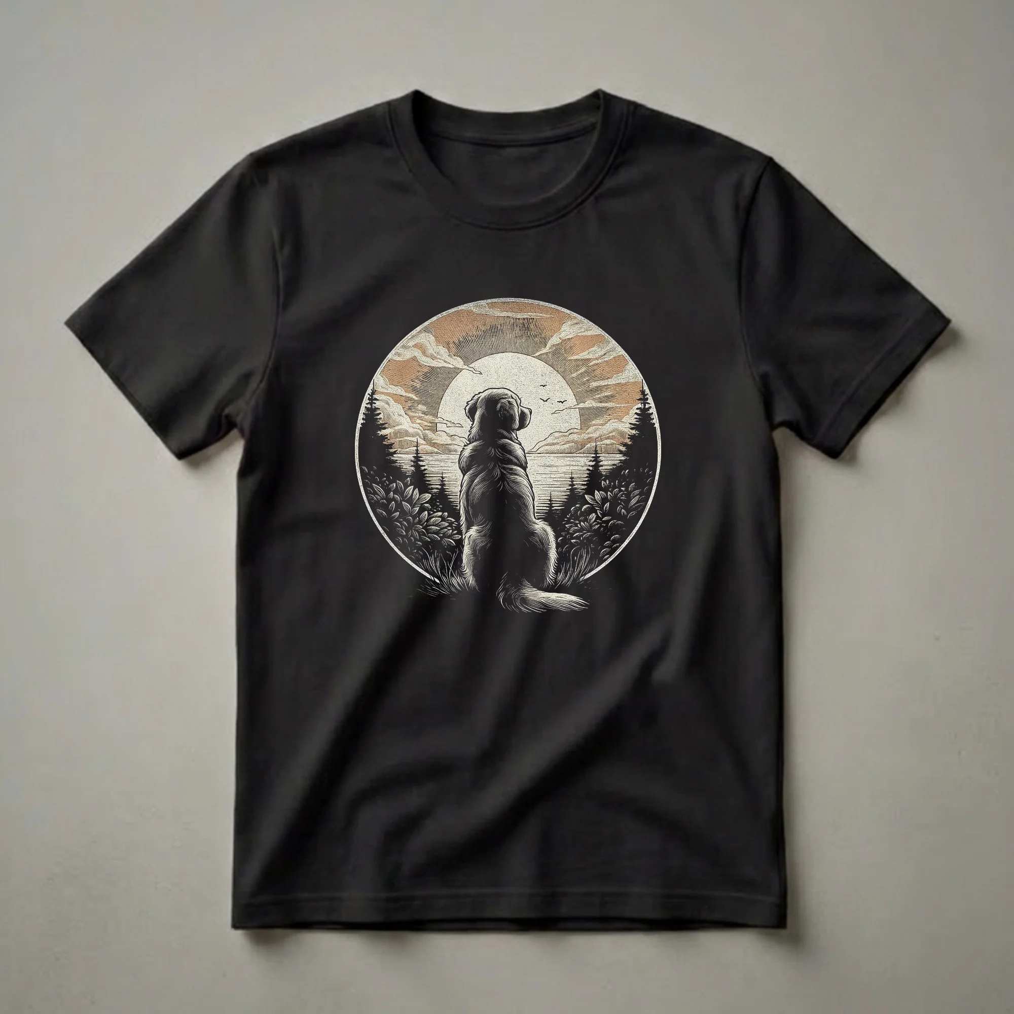 Black t-shirt featuring a vintage circular graphic of a Golden Retriever sitting by a lake, looking at a retro sunset with radiating lines, surrounded by pine trees and foliage.