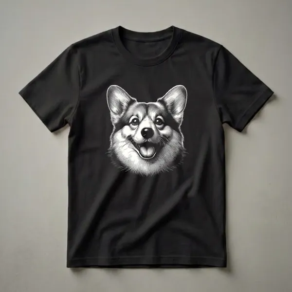 Black and white line art illustration of a Cardigan Welsh Corgi dog's face with its tongue out, set against a black background.