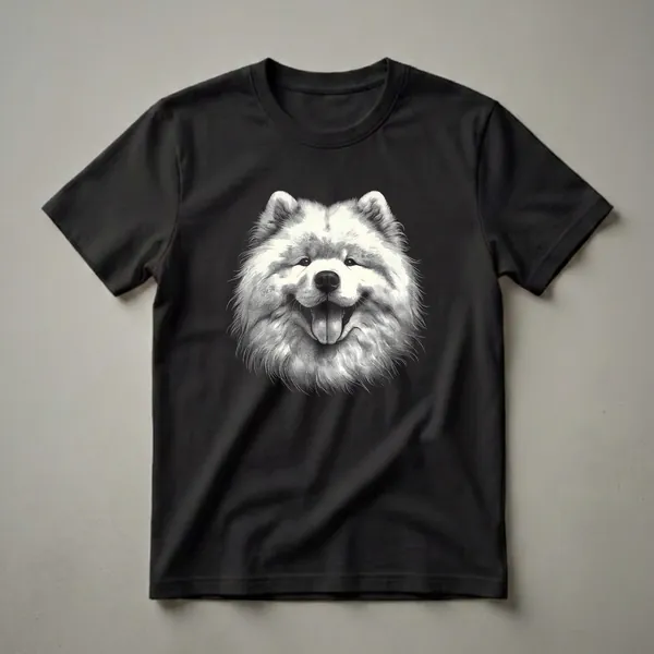 Black and white line art graphic of a smiling Samoyed dog face with its tongue out, printed on a shirt.
