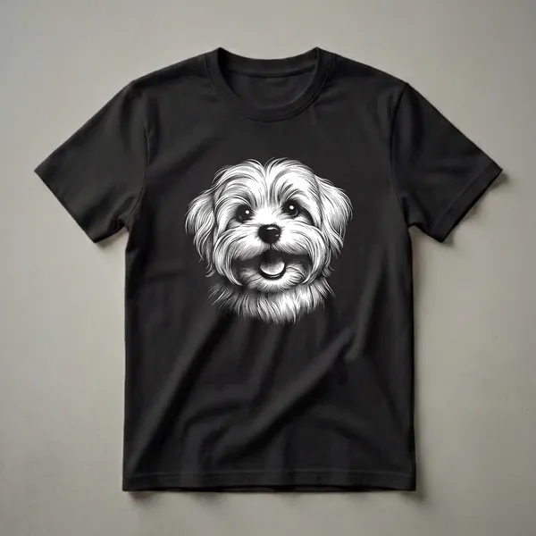 Black and white line art illustration of a happy Maltese dog face with fluffy fur and dark eyes, set against a black background.