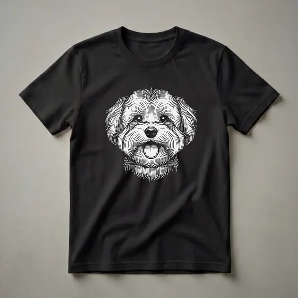 Black and white line art illustration of a Havanese dog's face with its tongue sticking out, set against a black background. The design features detailed linework for the fur and eyes.