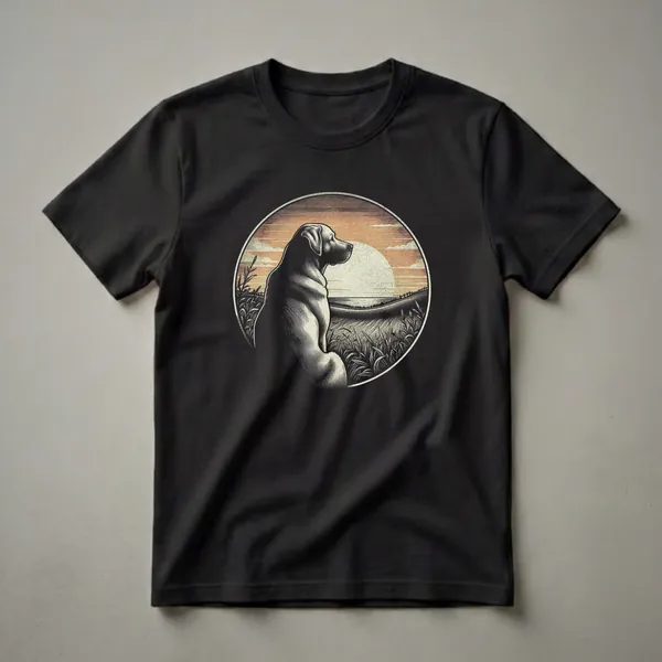 Black graphic t-shirt featuring a vintage illustration of a Labrador dog sitting in a field of grass, looking at a sunset over water, enclosed in a circular frame.