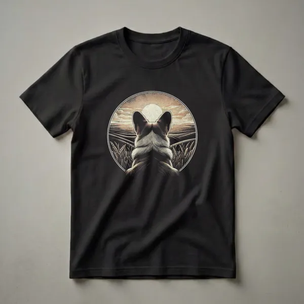 Black t-shirt featuring a vintage illustration of a Cardigan Welsh Corgi's back, facing a retro sunset over rolling fields of wheat, enclosed in a circular frame.