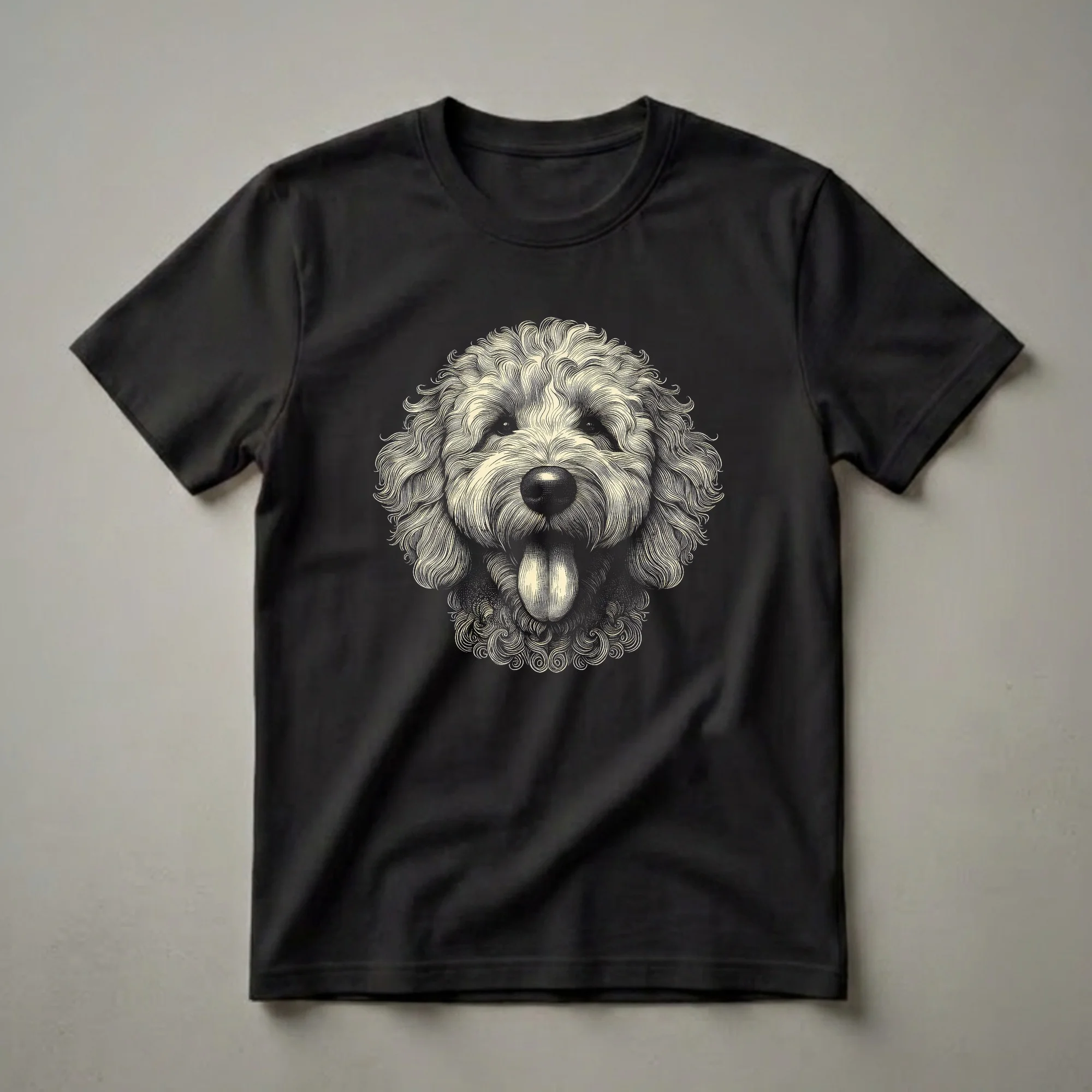 A cream-colored Goldendoodle dog's face depicted in a detailed, vintage line art style with its tongue out, set against a solid black background.