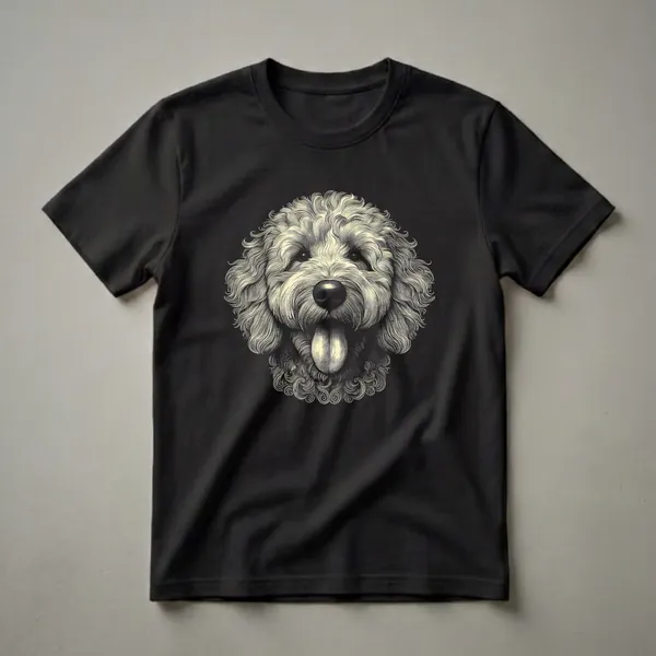 A cream-colored Goldendoodle dog's face depicted in a detailed, vintage line art style with its tongue out, set against a solid black background.