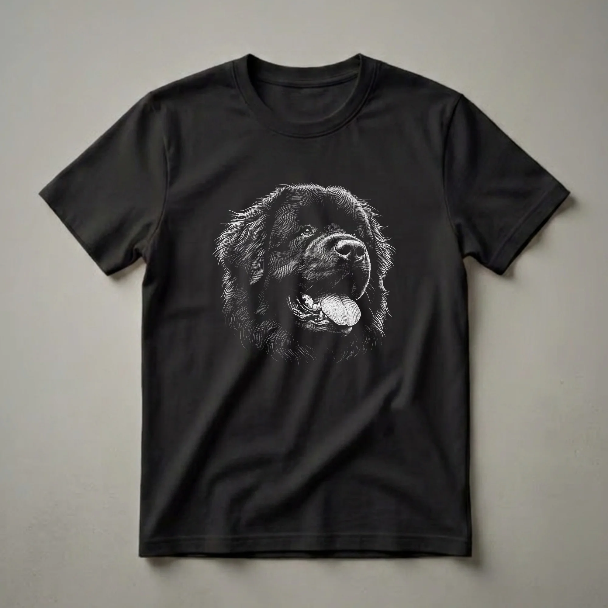 Black t-shirt featuring a detailed white scratchboard illustration of a Newfoundland dog's face with its tongue out, against a black background.