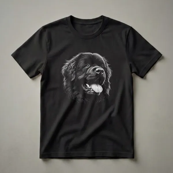 Black t-shirt featuring a detailed white scratchboard illustration of a Newfoundland dog's face with its tongue out, against a black background.
