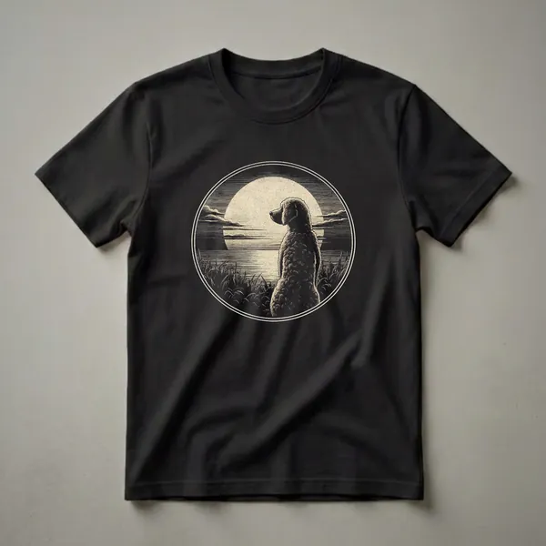 Black t-shirt featuring a vintage engraved design of a Goldendoodle dog sitting in grass looking at a large, textured moon or sun.