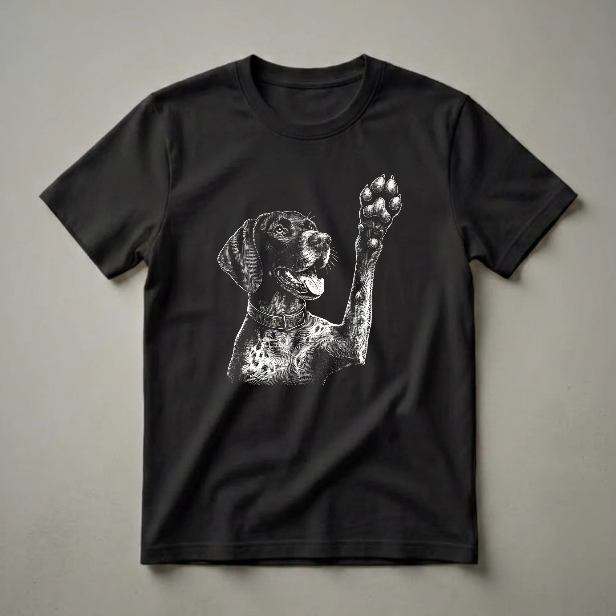 Black and white woodcut-style graphic of a German Shorthaired Pointer dog raising its paw, with detailed linework showing its face, collar, and paw pads.