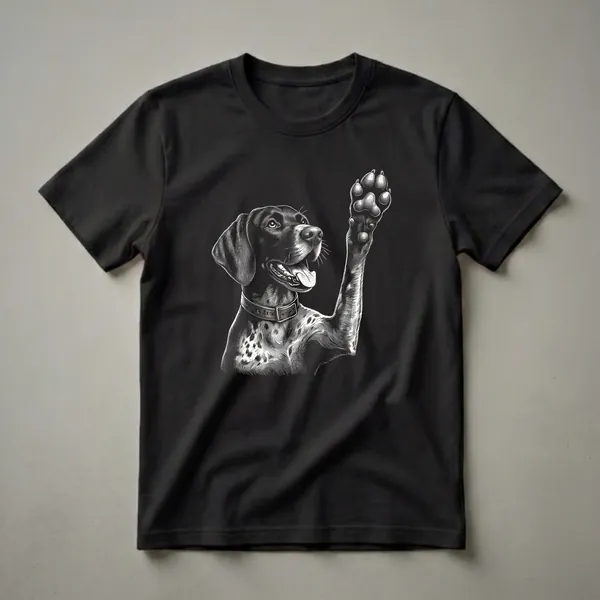 Black and white woodcut-style graphic of a German Shorthaired Pointer dog raising its paw, with detailed linework showing its face, collar, and paw pads.