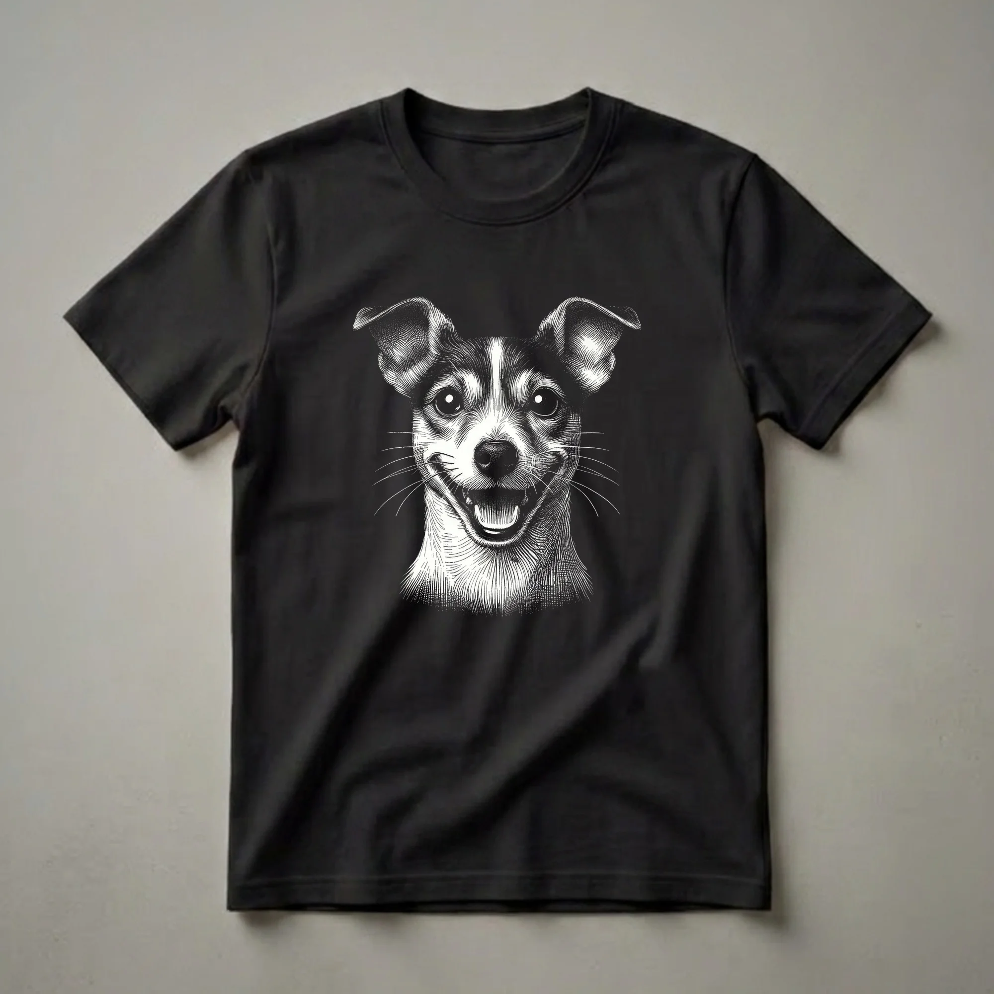 Black and white scratchboard art of a Rat Terrier dog's face with a happy expression, set against a black background. The design features detailed linework for fur, eyes, nose, and mouth.