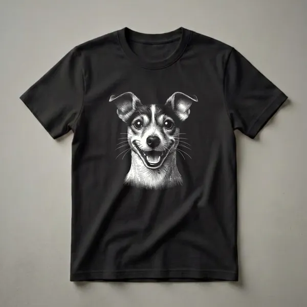 Black and white scratchboard art of a Rat Terrier dog's face with a happy expression, set against a black background. The design features detailed linework for fur, eyes, nose, and mouth.