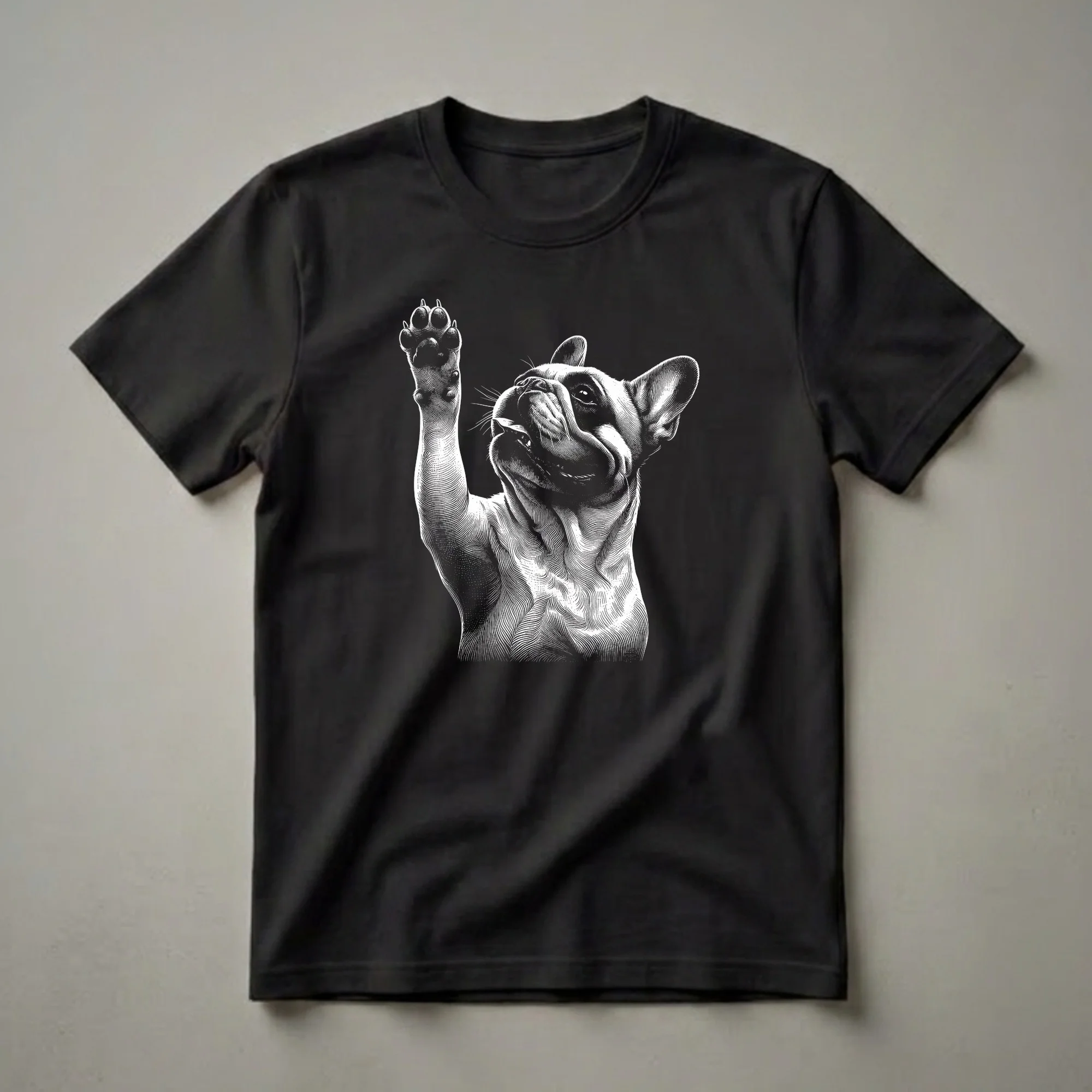 Black and white graphic t-shirt featuring a detailed scratchboard illustration of a French Bulldog raising its right paw, with its head tilted up.