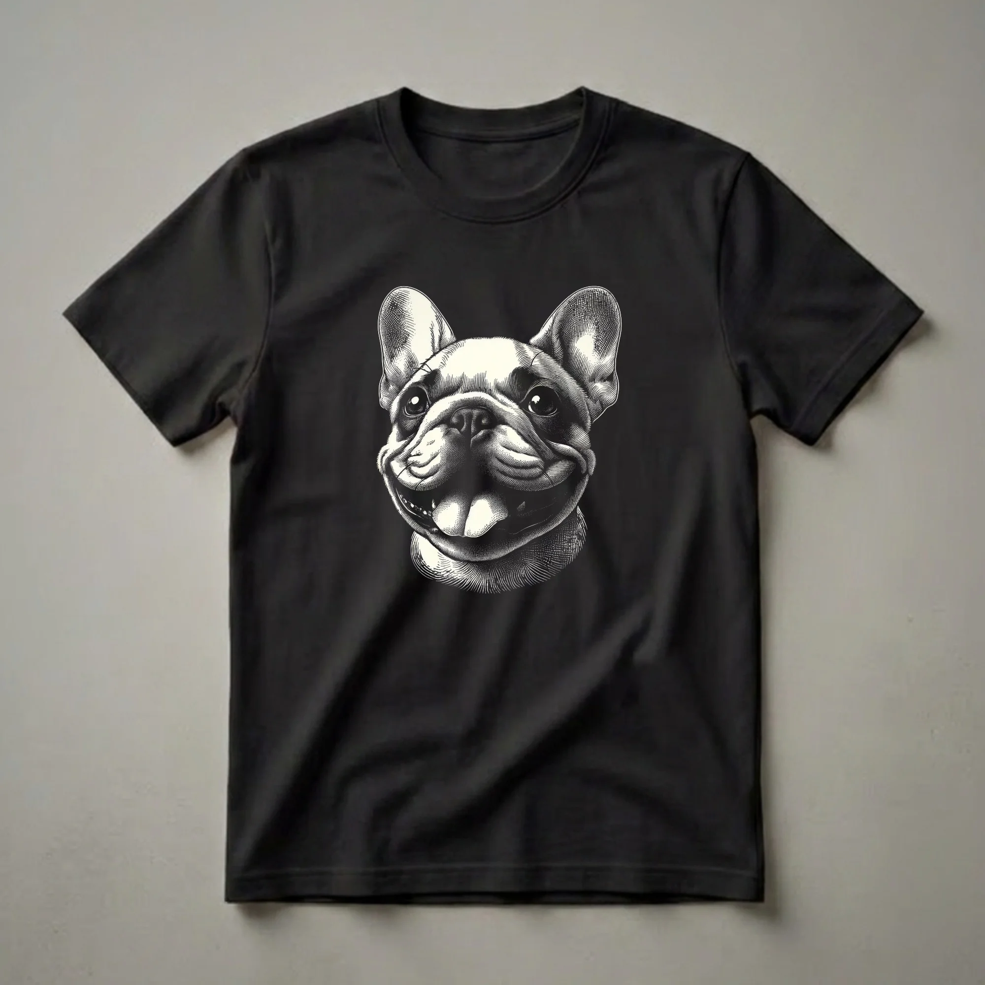 Black and white scratchboard art t-shirt featuring the head of a smiling French Bulldog with its tongue out against a black background.