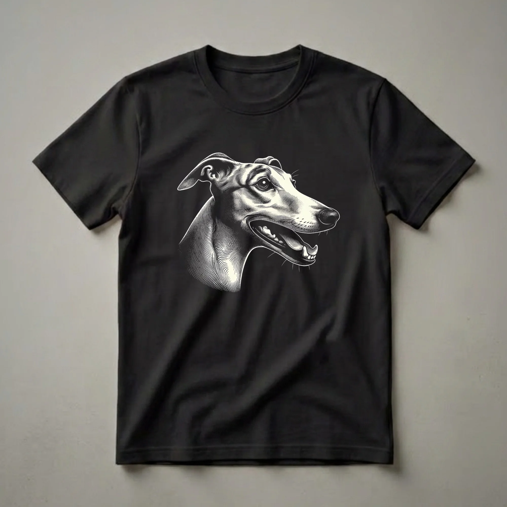 Black t-shirt featuring a detailed, cream-colored engraving of a whippet dog's head in profile, with its mouth slightly open.
