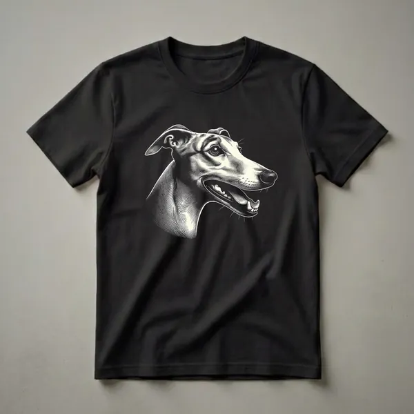 Black t-shirt featuring a detailed, cream-colored engraving of a whippet dog's head in profile, with its mouth slightly open.